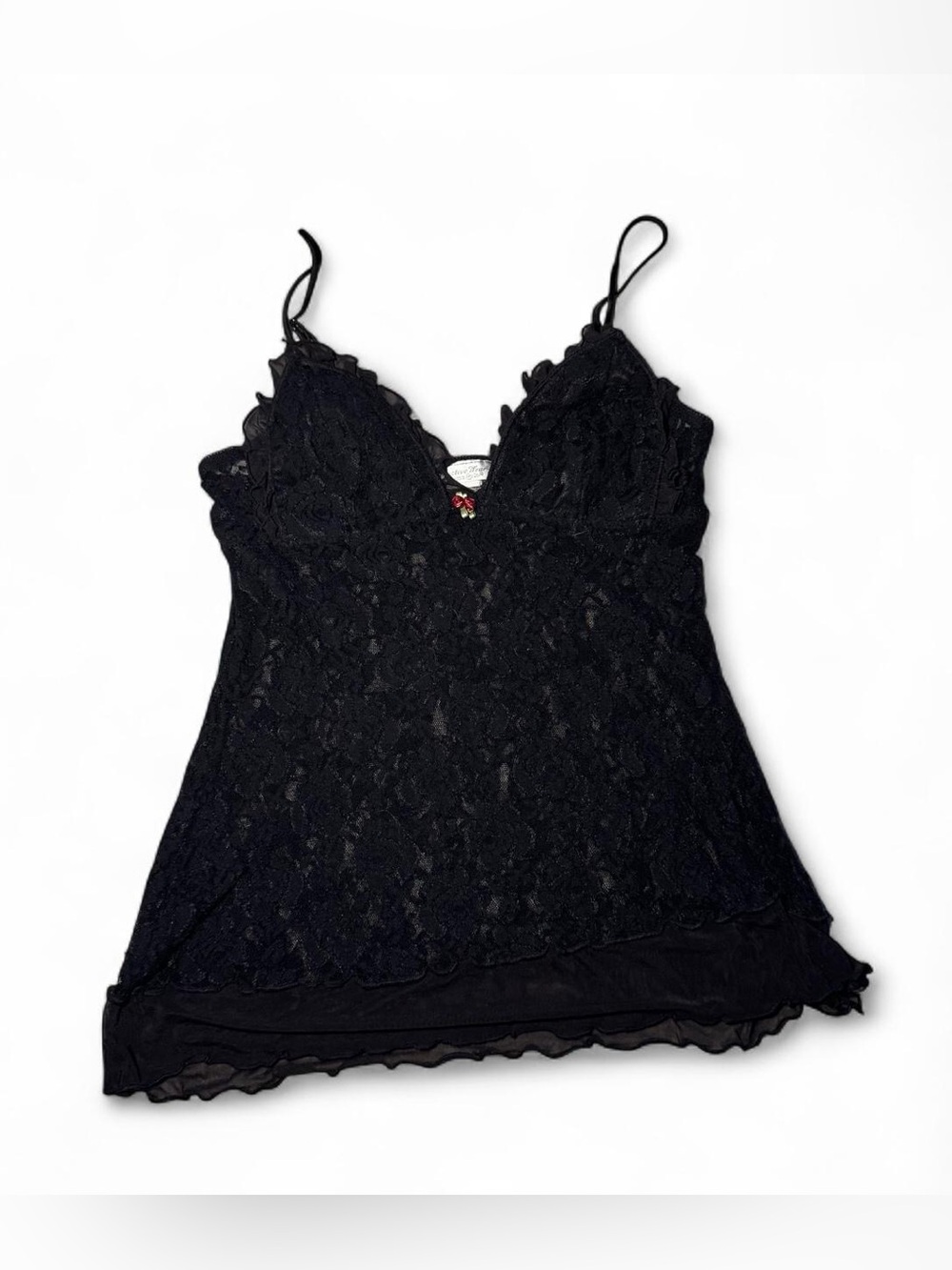 Y2K vintage festival lingerie Black sheer lace cami bra top rose detail size M🪐
